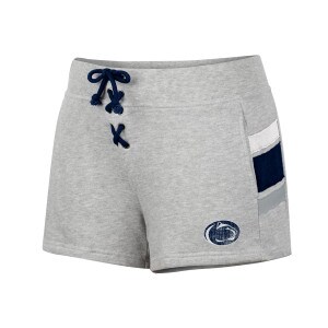 women's Oxford lace up shorts with pockets & white, navy, & gray stripes